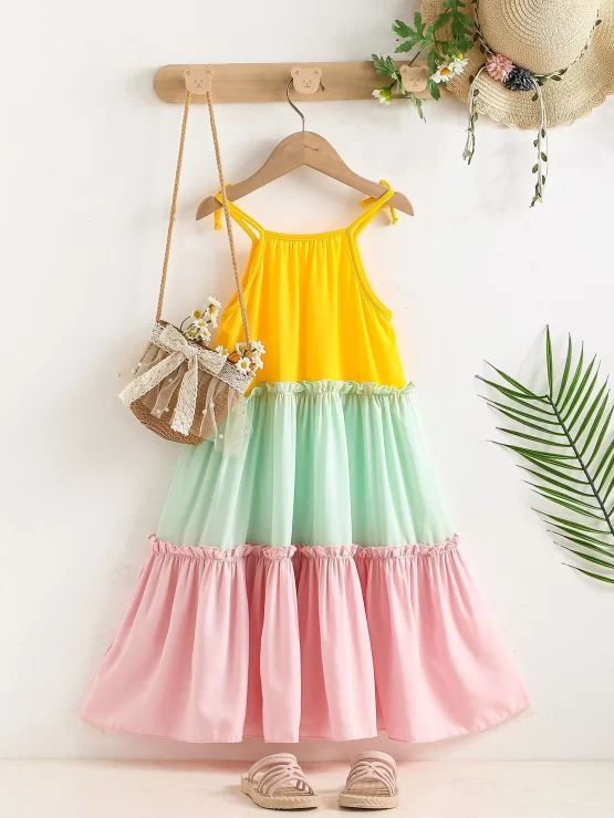Toddler Girls Color Block Bow Shoulder Ruffle Hem Cami Dress - Image 3