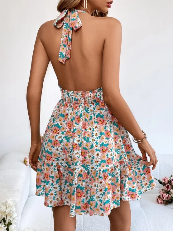 Floral Print Criss Cross Tie Backless Shirred Waist Ruffle Halter Hem Dress - Image 2