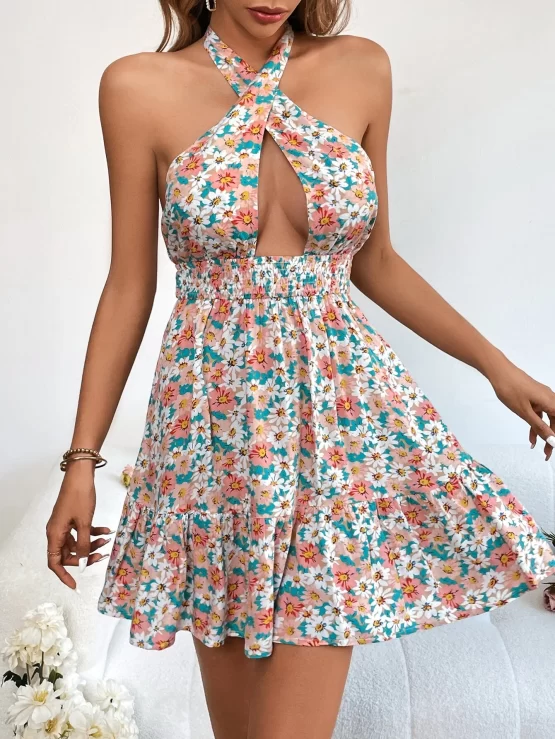 Floral Print Criss Cross Tie Backless Shirred Waist Ruffle Halter Hem Dress - Image 3