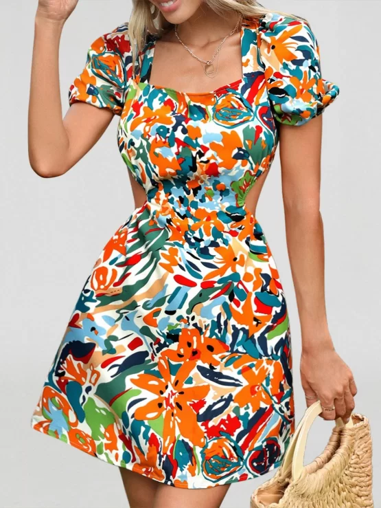 Floral Print Lace Up Back Puff Sleeve Square Neck Dress - Image 3