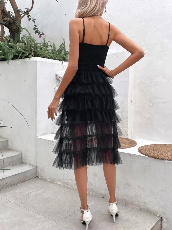 Contrast Mesh Tiered Layer Hem Cami Dress - Image 3