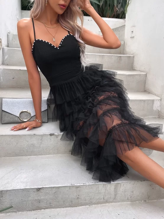 Contrast Mesh Tiered Layer Hem Cami Dress - Image 2