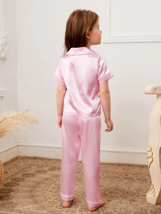 Toddler Girls Contrast Piping Lapel Neck Satin Print PJ Set - Image 2