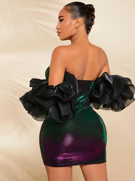 Off Shoulder Exaggerated Ruffle Trim Metallic Bodycon Dress - Image 2