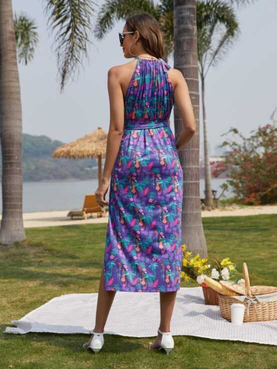 Maternity Floral Print Split Thigh Halter Dress - Image 2