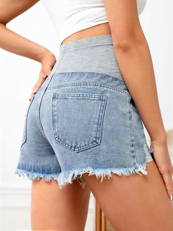 Maternity Wideband Waist Raw Hem Denim Shorts - Image 2