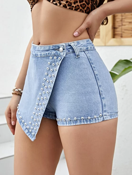 Studded Button Detail Wrap Denim Skort - Image 3