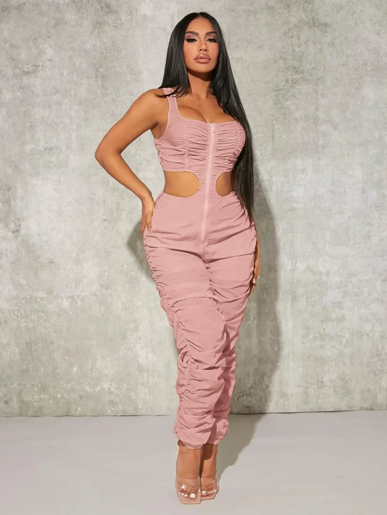 Zip Sexy Cut Out Waist Ruched Front Jumpsuit - Image 7