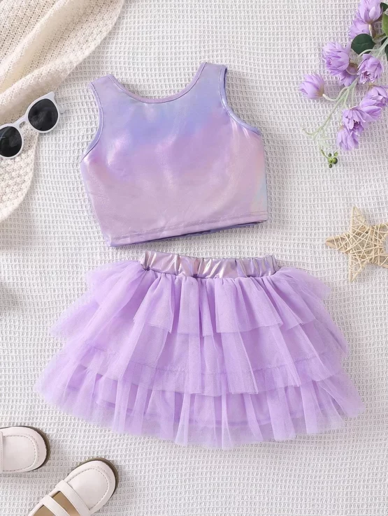 Toddler Girls Holographic Tank Top & Mesh Layer Hem Skirt - Image 2