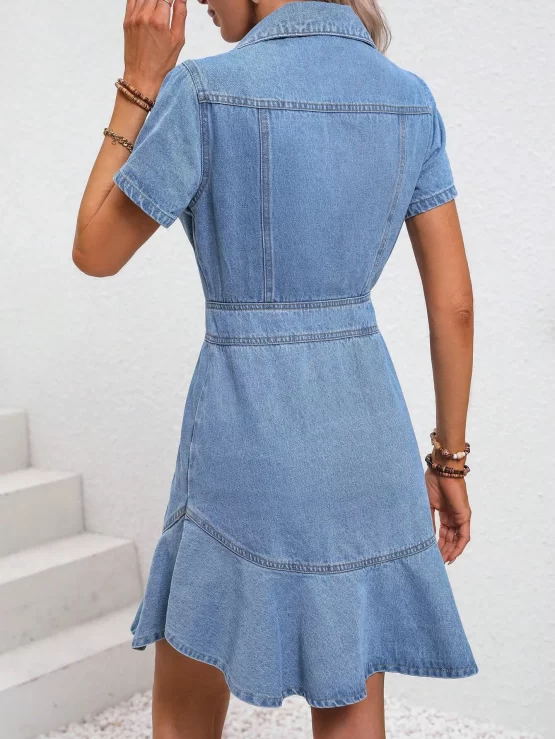 Frenchy Flap Pocket Ruffle Hem Denim Dress - Image 3