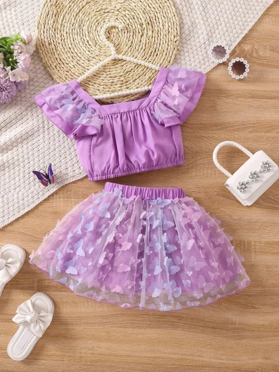Toddler Girls Ruffle Trim Top & Butterfly Appliques Mesh Overlay Skirt - Image 2