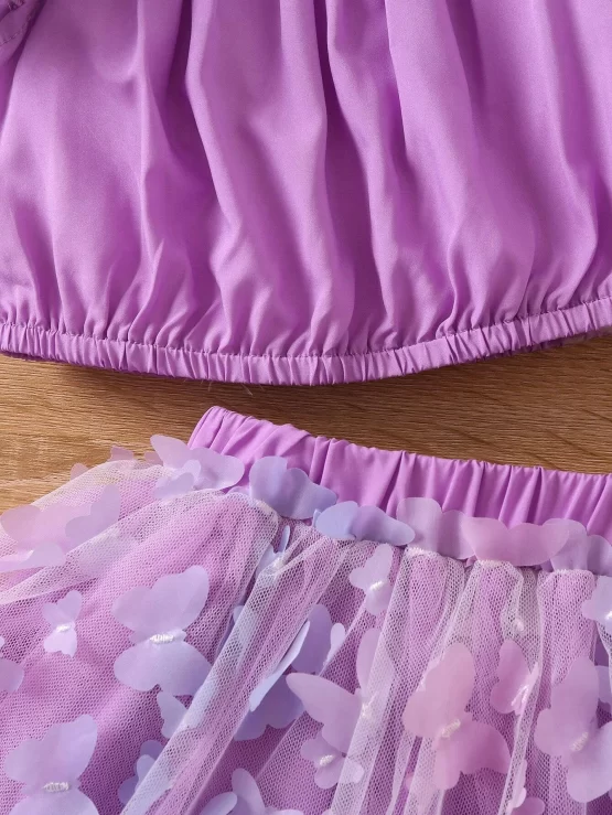 Toddler Girls Ruffle Trim Top & Butterfly Appliques Mesh Overlay Skirt - Image 3