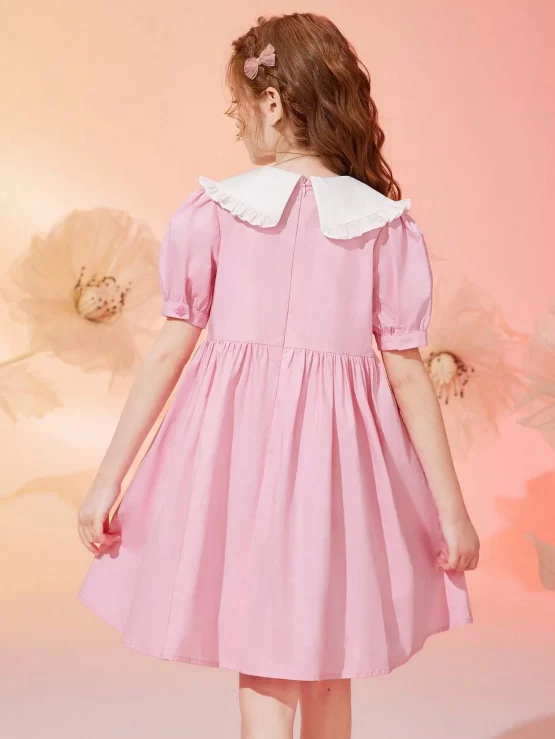 Girls Contrast Collar Puff Sleeve Smock Dress - Image 2