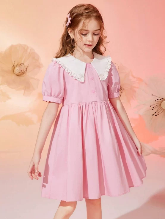 Girls Contrast Collar Puff Sleeve Smock Dress - Image 3
