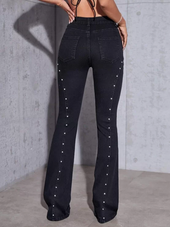 Pearls Beaded Zipper Fly Flare Leg Jeans - Image 2