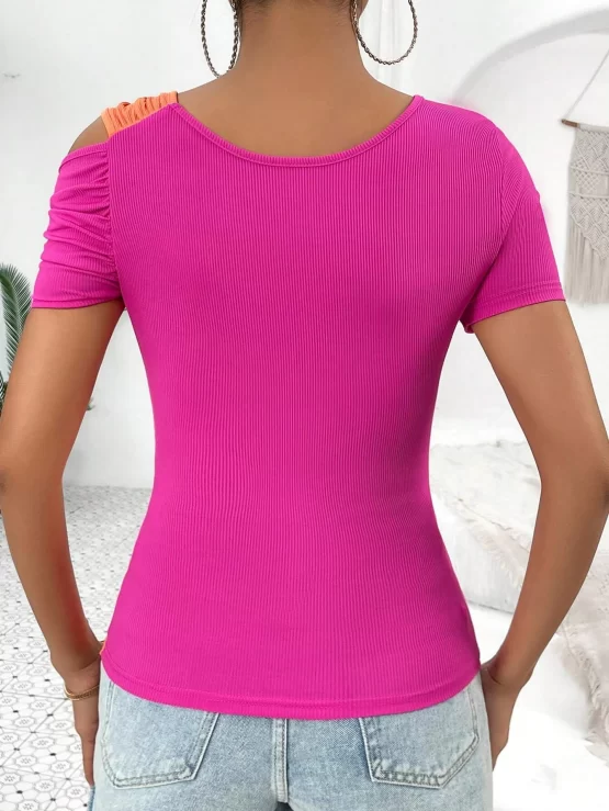 Two Tone Twist Front Asymmetrical Neck Tee - Image 3