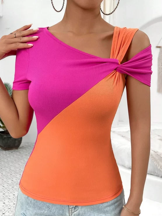 Two Tone Twist Front Asymmetrical Neck Tee - Image 2