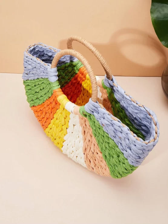 Color Block Vacation Straw Double Handle Bag - Image 3