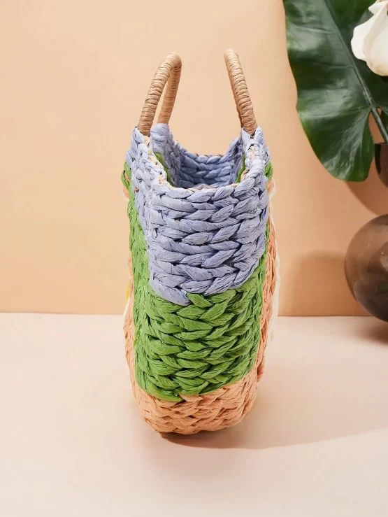 Color Block Vacation Straw Double Handle Bag - Image 2