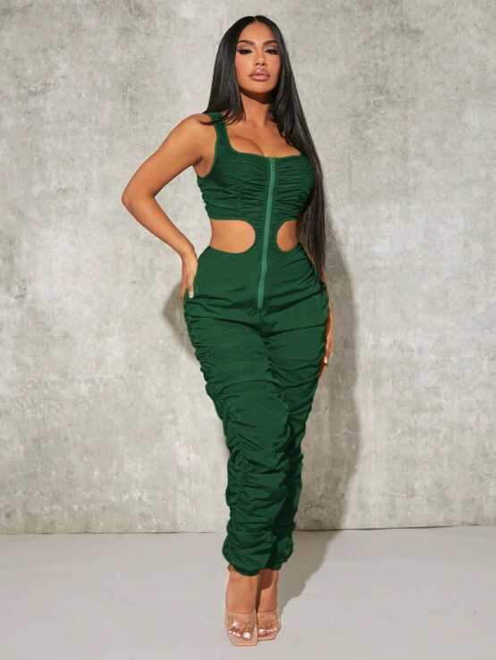 Zip Sexy Cut Out Waist Ruched Front Jumpsuit - Image 4