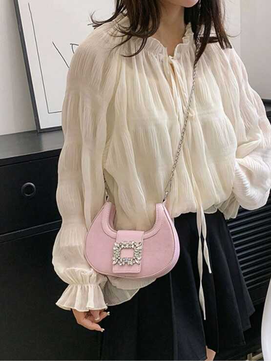 Mini Hobo Bag Rhinestone Decor Braided Strap - Image 3