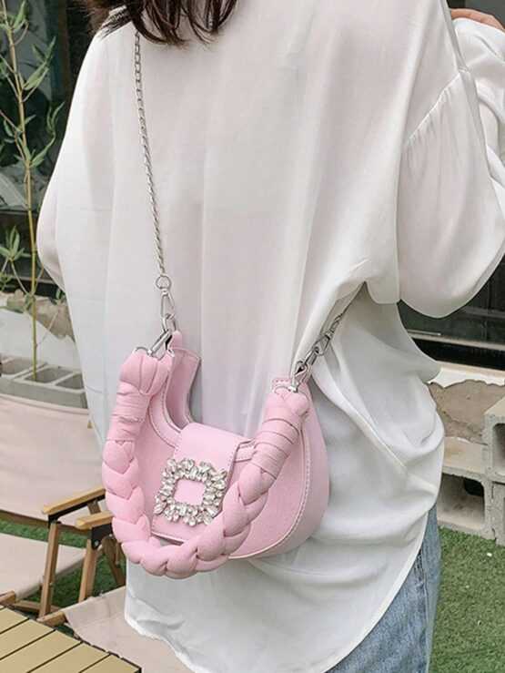Mini Hobo Bag Rhinestone Decor Braided Strap - Image 2