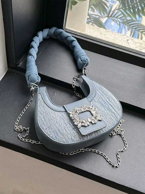 Mini Hobo Bag Rhinestone Decor Braided Strap - Image 4