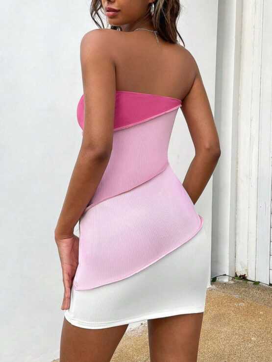 EZwear Color Block Top-stitching Tube Bodycon Dress - Image 3