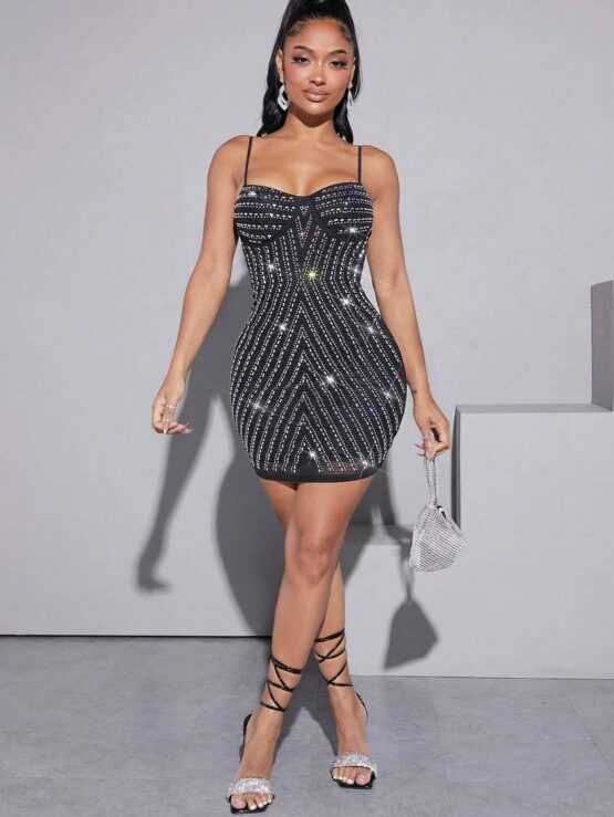 Rhinestone Detail Bustier Mesh Cami Bodycon Dress - Image 2