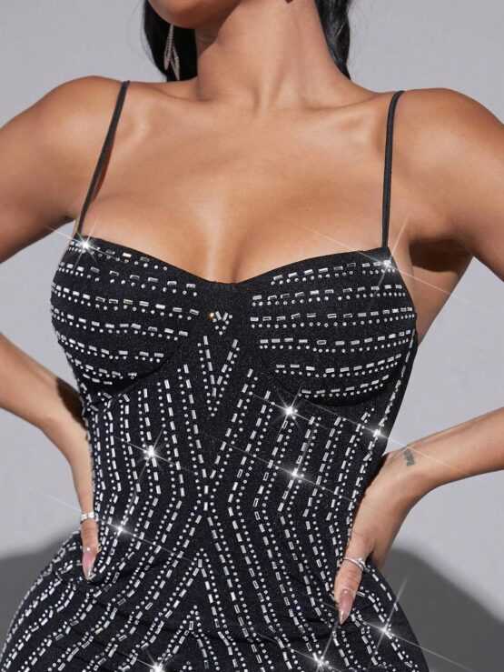 Rhinestone Detail Bustier Mesh Cami Bodycon Dress - Image 3