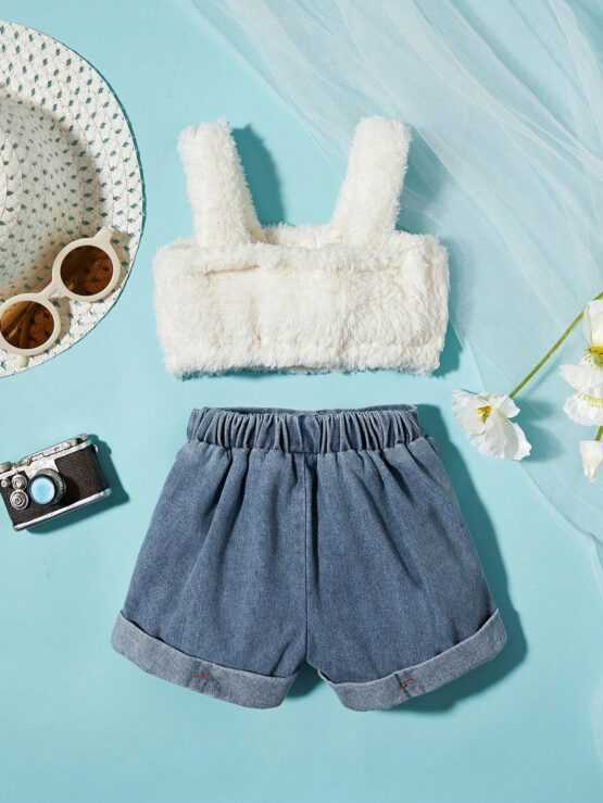 Baby Teddy Cami Top & Roll Up Hem Denim Shorts Set - Image 2