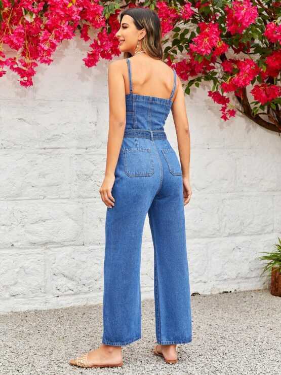 VCAY Zip Up Belted Cami Denim Jumpsuit - Image 2