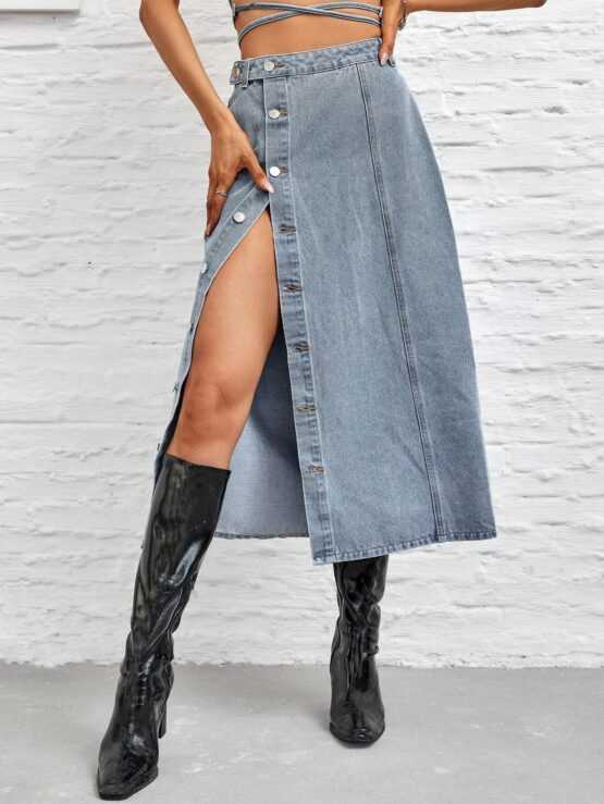 Tie Back Split Thigh Button Front Denim Skirt - Image 2