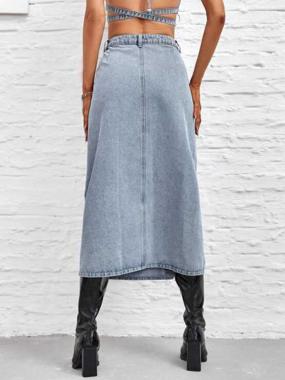 Tie Back Split Thigh Button Front Denim Skirt - Image 3