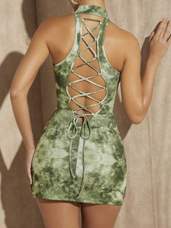 BAE Tie Dye Cut Out Front Lace Up Backless Bodycon Dress - Image 2