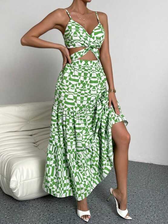 VCAY All Over Print Twist Front Cut Out Ruffle Hem Cami Dress - Image 2