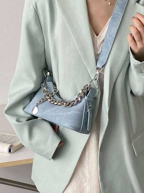 Fashionable Personalized Metal Chain Decoration Denim Fabric Design One Shoulder Bag - Image 2