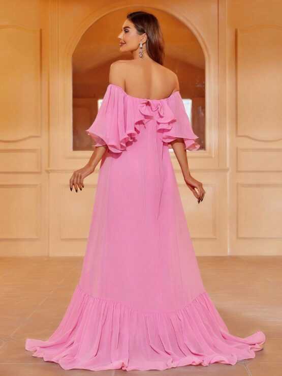 Off Shoulder Ruffle Hem Chiffon Trim Dress - Image 3