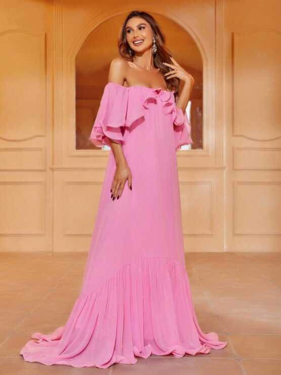 Off Shoulder Ruffle Hem Chiffon Trim Dress - Image 2