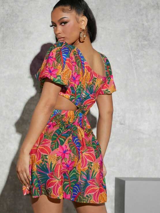 Tropical Print Cut Out Waist Puff Sleeve Dress - Image 3