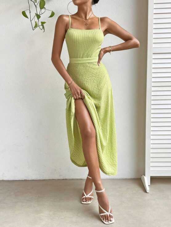 Backless High Waist Flared Solid Cami Dress - Image 3