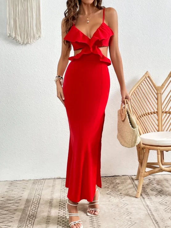 VCAY Ruffle Trim Cut Out Waist Split Thigh Cami Dress - Image 4