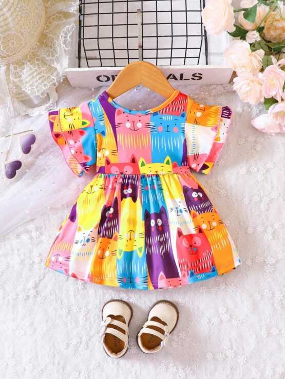 Baby A Line Ruffle Cartoon Graphic Trim Dress - Image 3