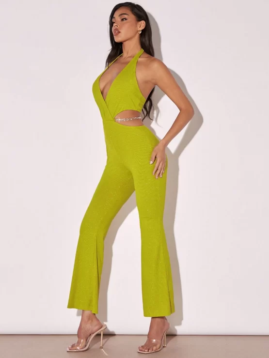 BAE Plunging Neck Backless Halter Flare Leg Jumpsuit - Image 2