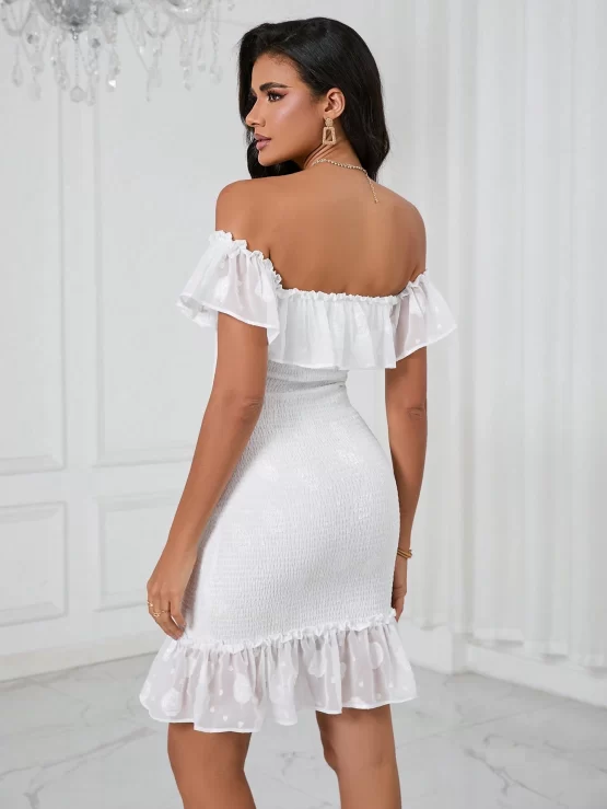Off Shoulder Ruffle Trim Bodycon Dress - Image 3