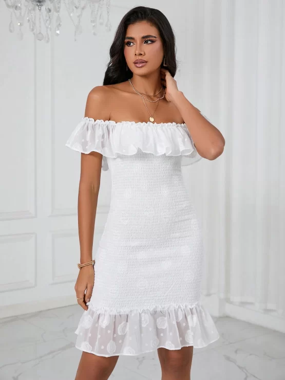 Off Shoulder Ruffle Trim Bodycon Dress - Image 2