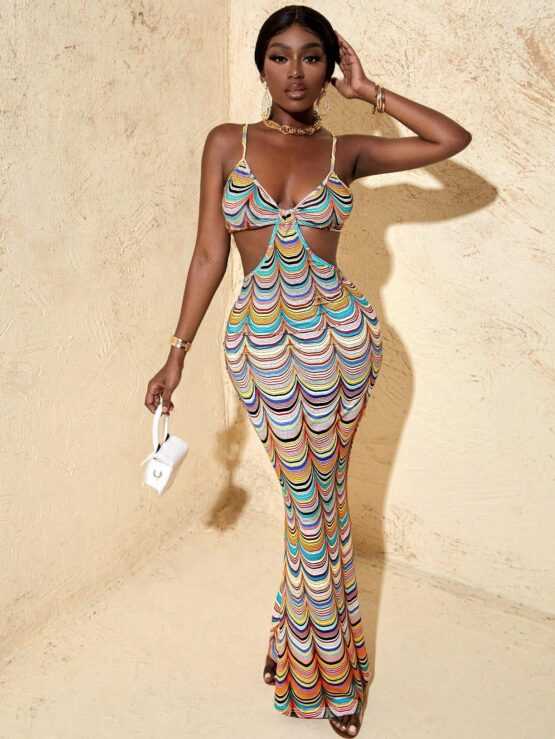 All Over Print Cut Out Waist Mermaid Hem Cami Dress - Image 3