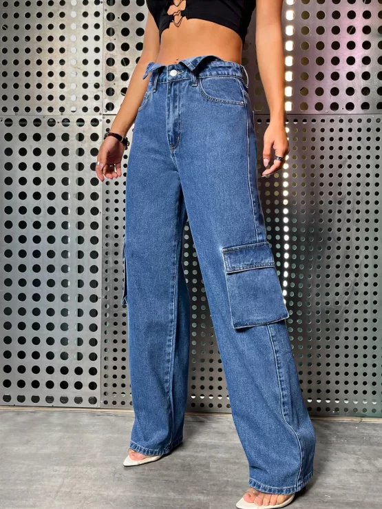Flap Zipper Fly Button Cargo Pocket Jeans - Image 2