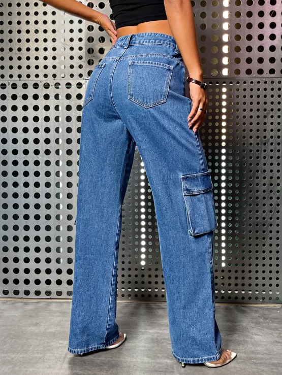 Flap Zipper Fly Button Cargo Pocket Jeans - Image 3