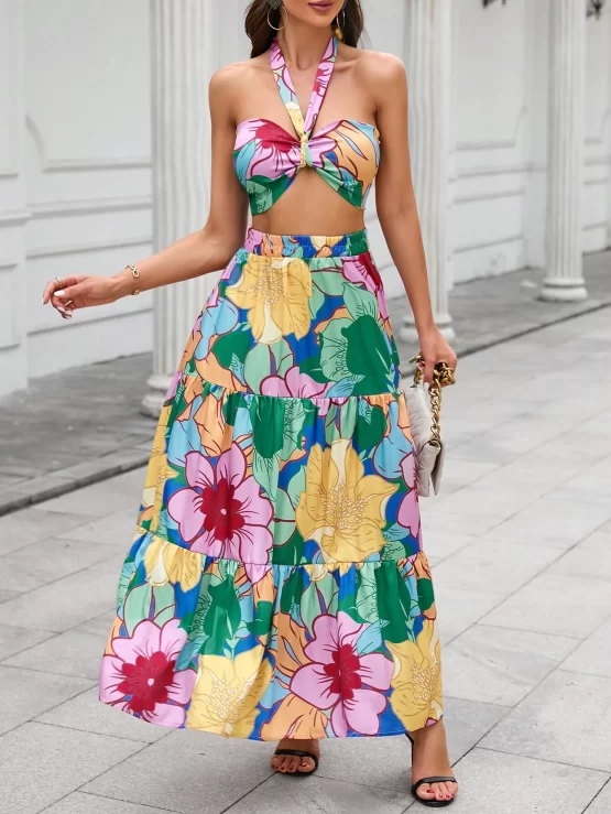 VCAY Floral Print Tie Backless Halter Top & Ruffle Hem Skirt - Image 3